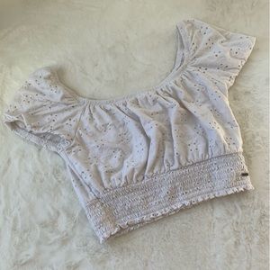 Hollister Off White Eyelet Crop Top Sz M Ruched Cap Sleeve Summer Top